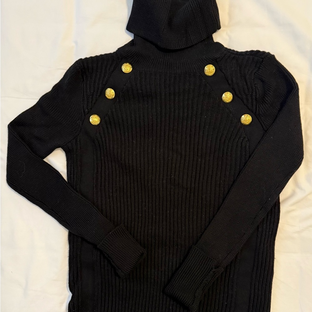 Veronica Beard Black Turtleneck Sweater with Gold Buttons